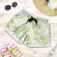 Hawaii Anthurium Tiare Pikake Lei Shorts for Women Sage Green Lauhala Art Pattern LT01 Green - Polynesian Pride