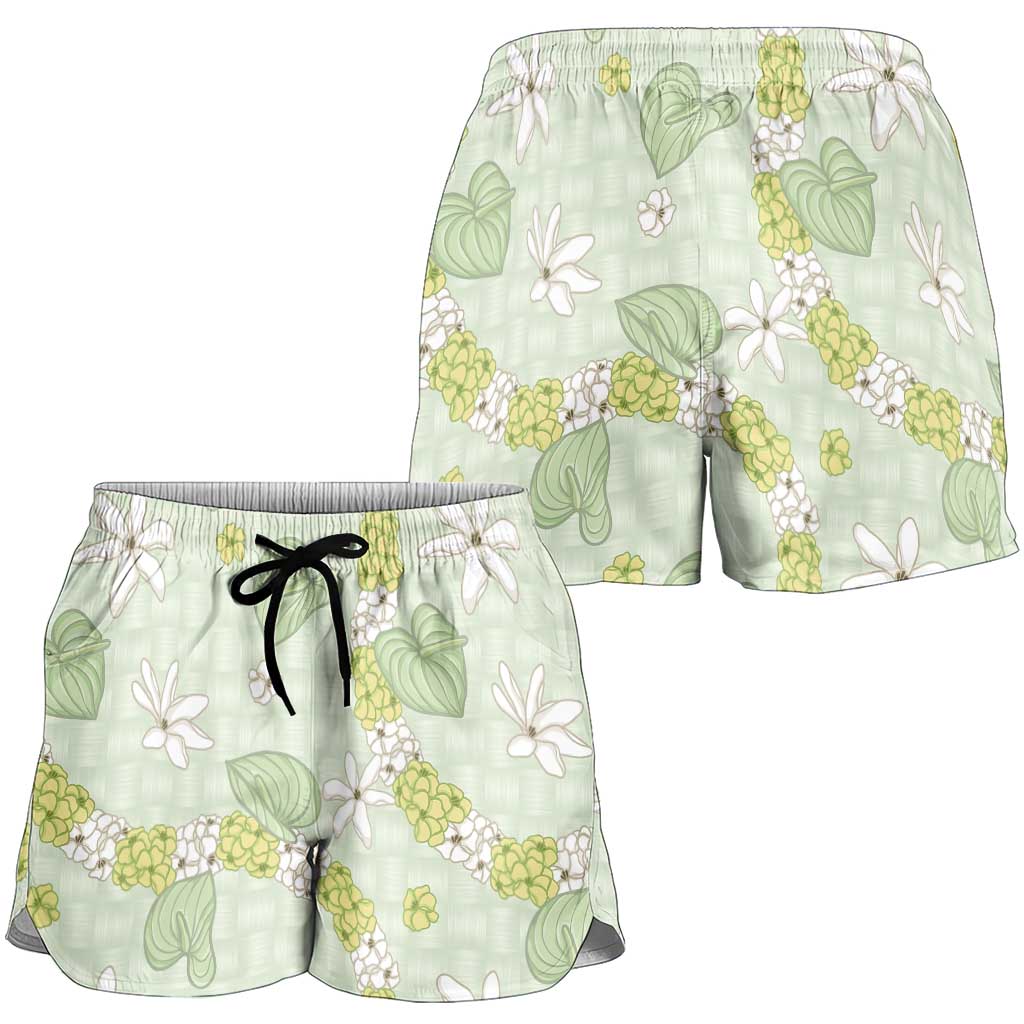 Hawaii Anthurium Tiare Pikake Lei Shorts for Women Sage Green Lauhala Art Pattern LT01 - Polynesian Pride