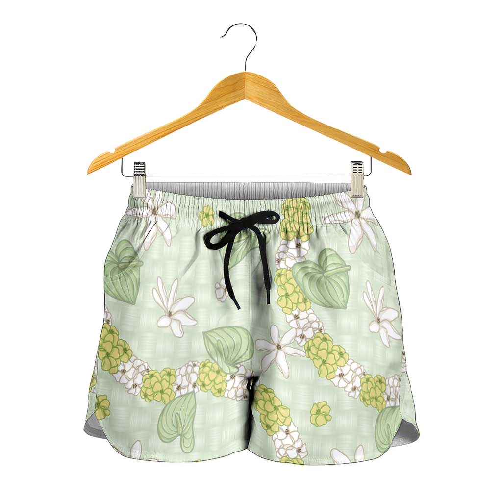 Hawaii Anthurium Tiare Pikake Lei Shorts for Women Sage Green Lauhala Art Pattern LT01 - Polynesian Pride