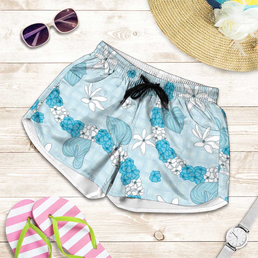 Hawaii Anthurium Tiare Pikake Lei Shorts for Women UliUli Lauhala Art Pattern LT01 Blue - Polynesian Pride
