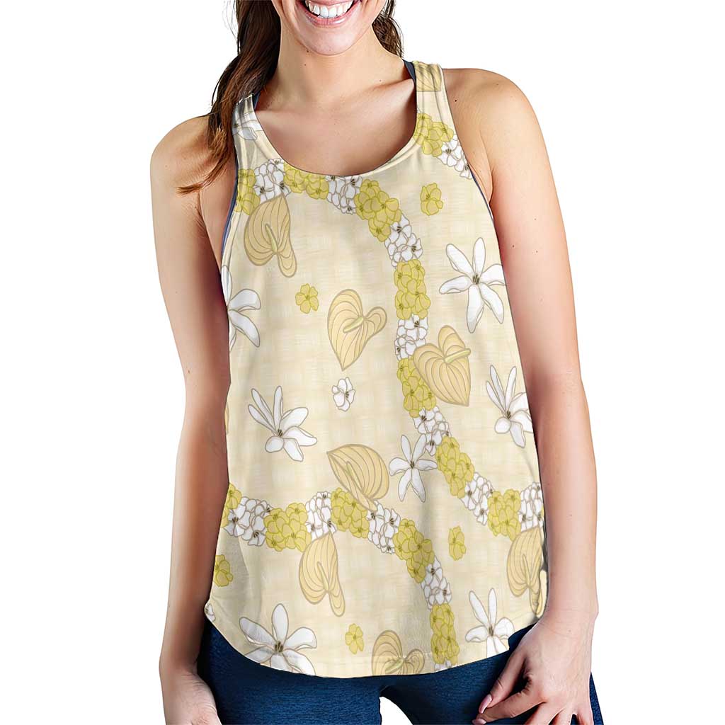 Hawaii Anthurium Tiare Pikake Lei Women Racerback Tank Melemele Lauhala Art Pattern LT01 - Polynesian Pride
