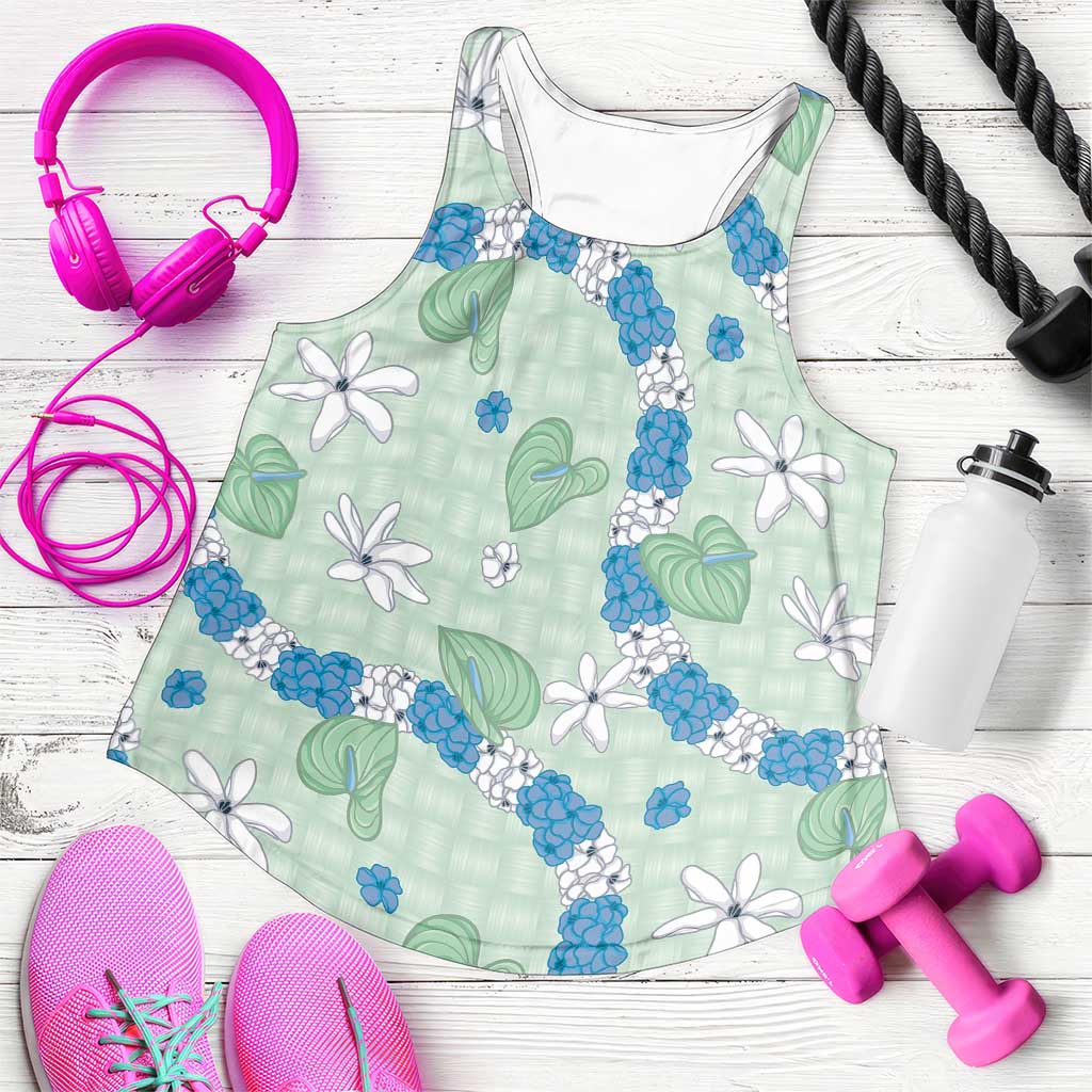 Hawaii Anthurium Tiare Pikake Lei Women Racerback Tank Omaomao Lauhala Art Pattern LT01 Green - Polynesian Pride