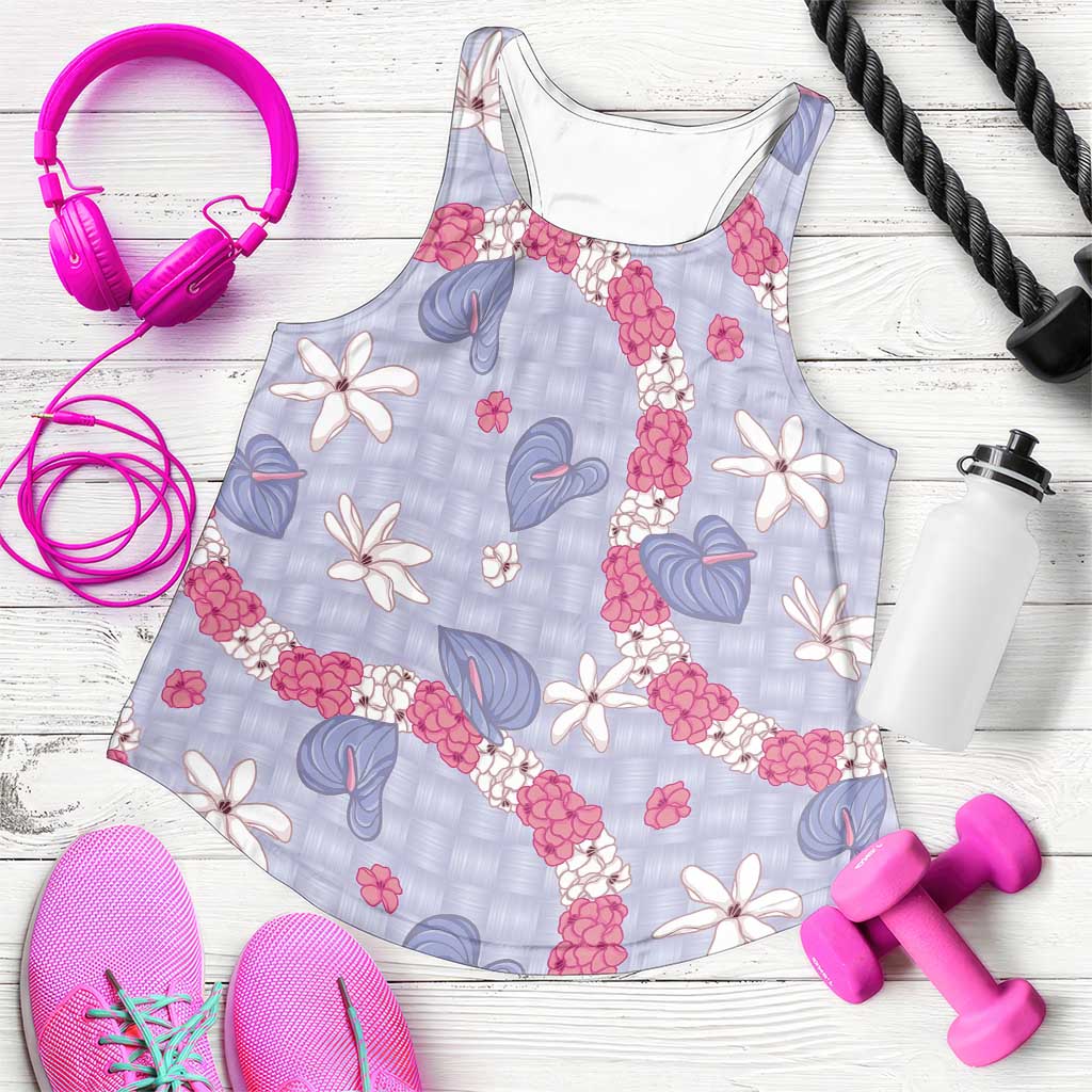 Hawaii Anthurium Tiare Pikake Lei Women Racerback Tank Poni Lauhala Art Pattern LT01 Purple - Polynesian Pride