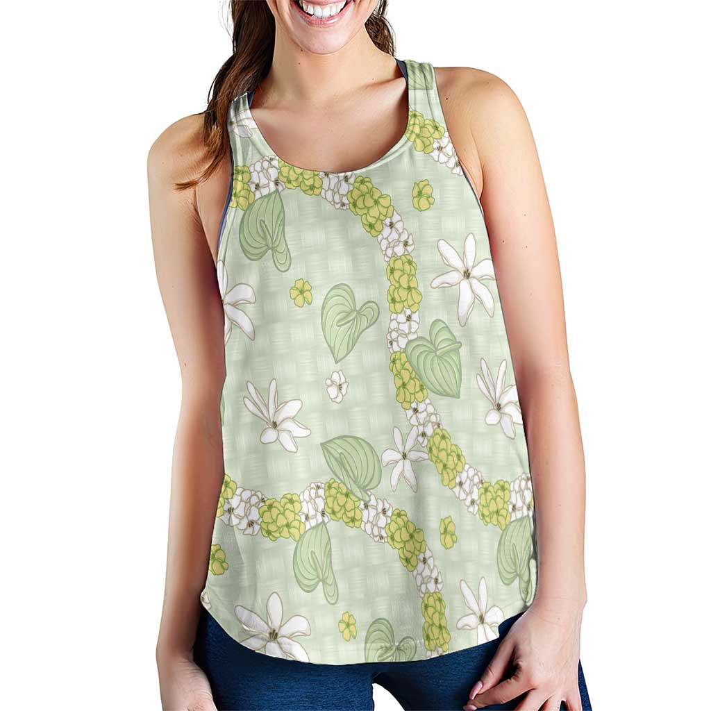 Hawaii Anthurium Tiare Pikake Lei Women Racerback Tank Sage Green Lauhala Art Pattern LT01 - Polynesian Pride