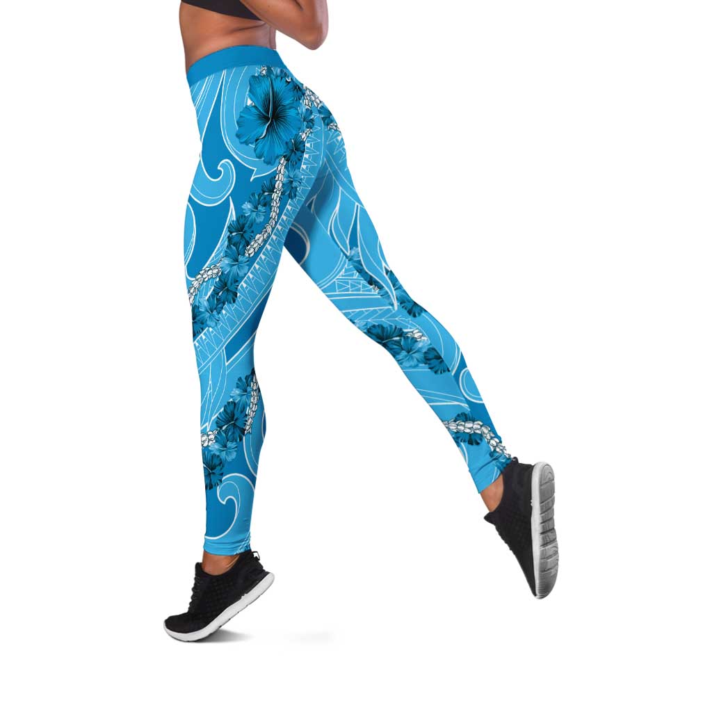 Hawaii Blue Hibiscus Pikake Lei Leggings - Polynesian Pride