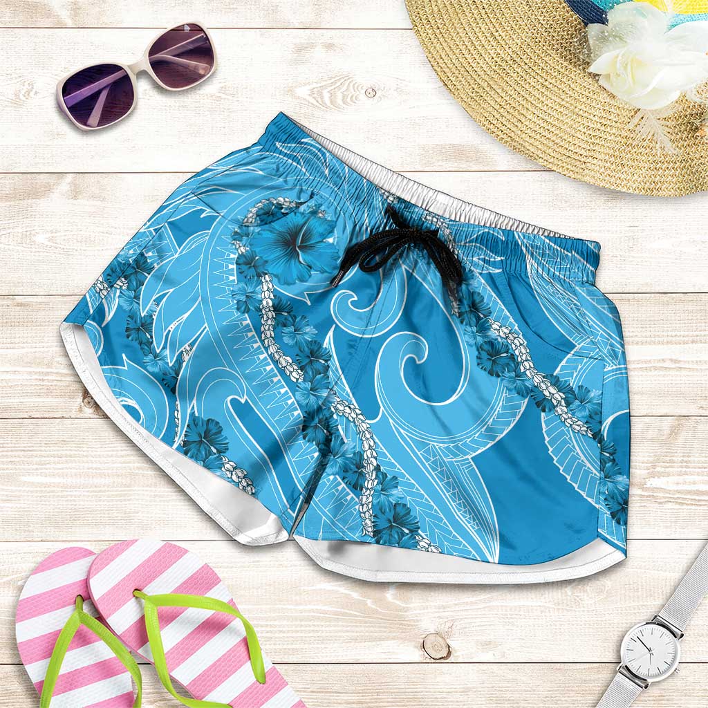 Hawaii Blue Hibiscus Pikake Lei Shorts for Women - Polynesian Pride