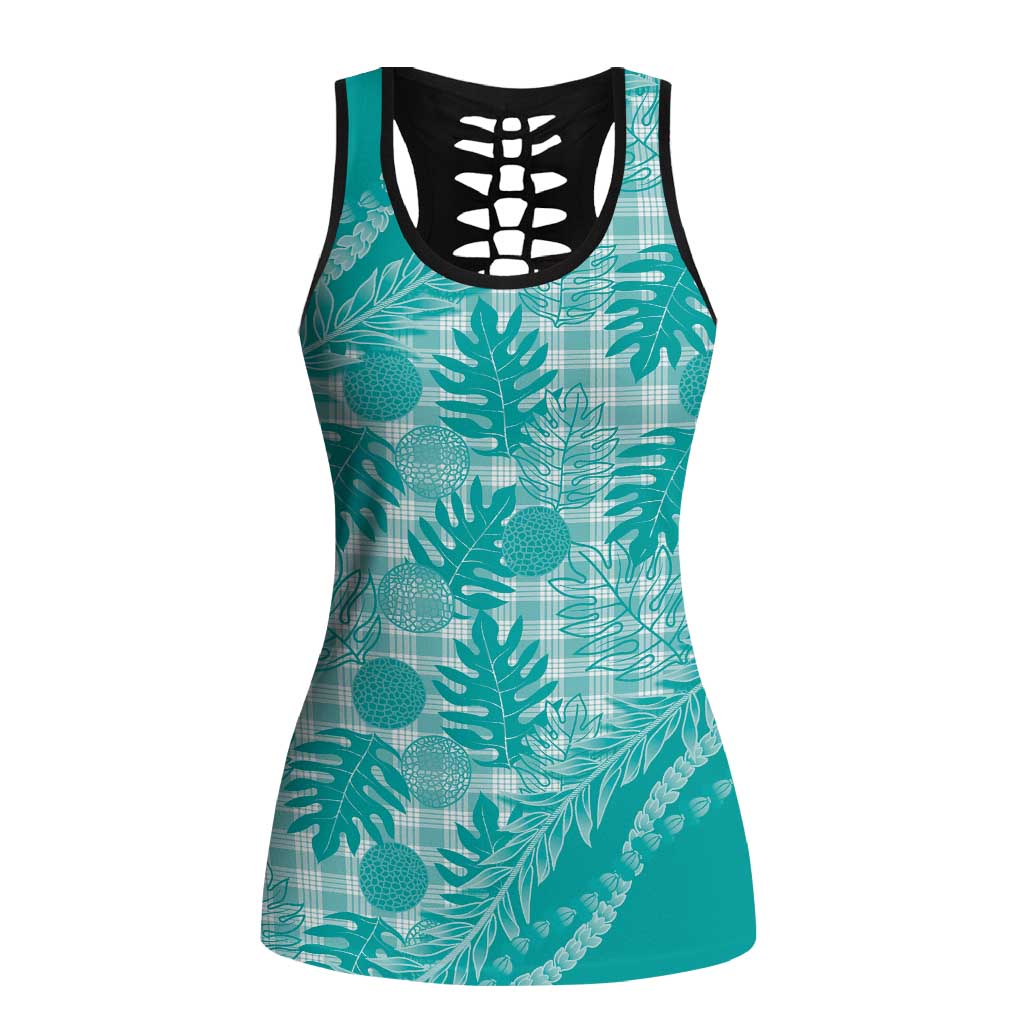 Hawaii Breadfruit Palaka Hollow Tank Top Polu Opal Maile Lei LT9 Female Turquoise - Polynesian Pride