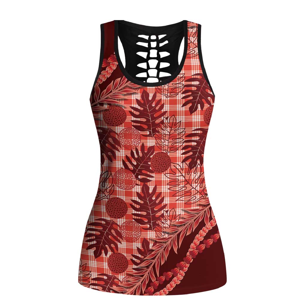 Hawaii Breadfruit Palaka Hollow Tank Top Ulaula Maile Lei LT9 Female Red - Polynesian Pride