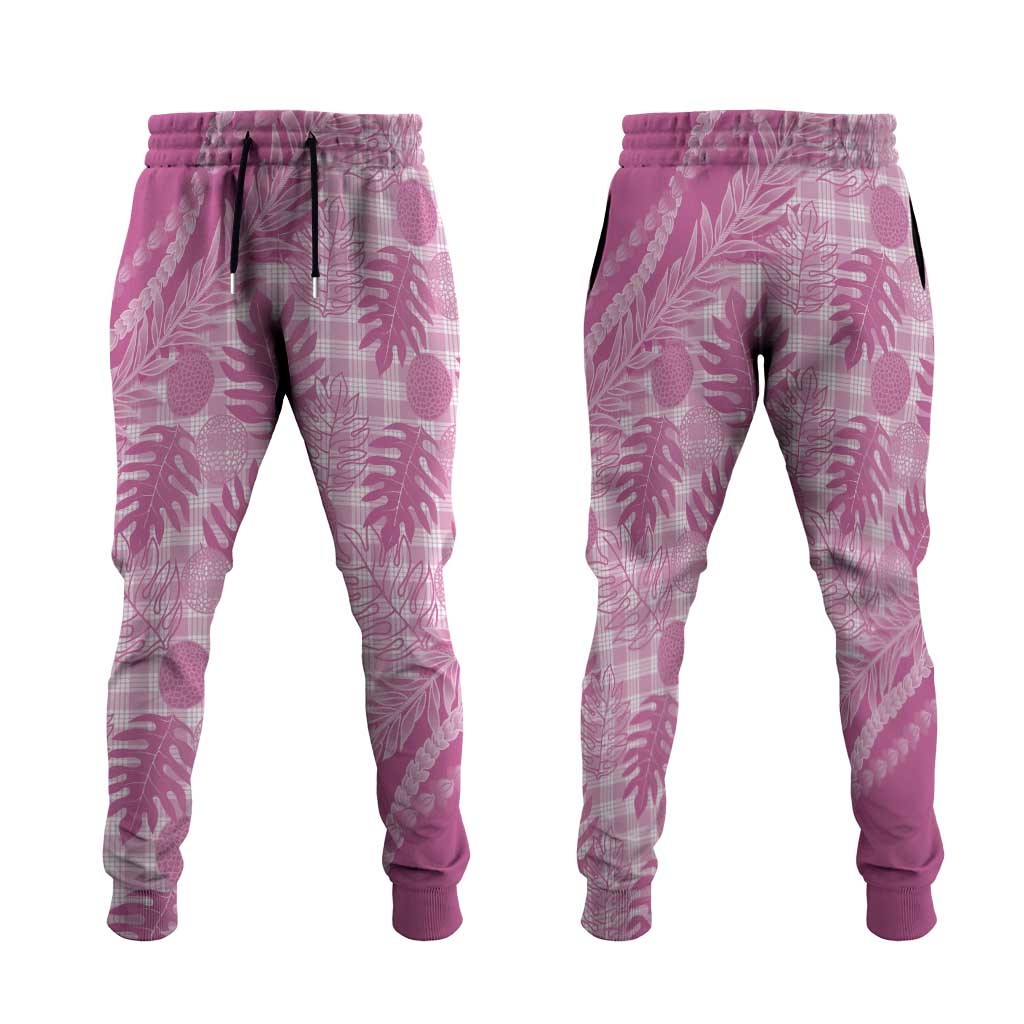 Hawaii Breadfruit Palaka Jogger Pants Omaomao Ulaula Maile Lei LT9 Pink - Polynesian Pride