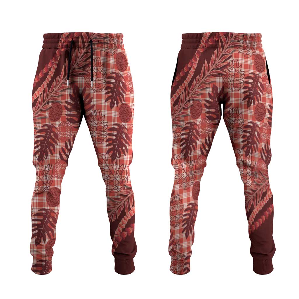 Hawaii Breadfruit Palaka Jogger Pants Ulaula Maile Lei LT9 Red - Polynesian Pride