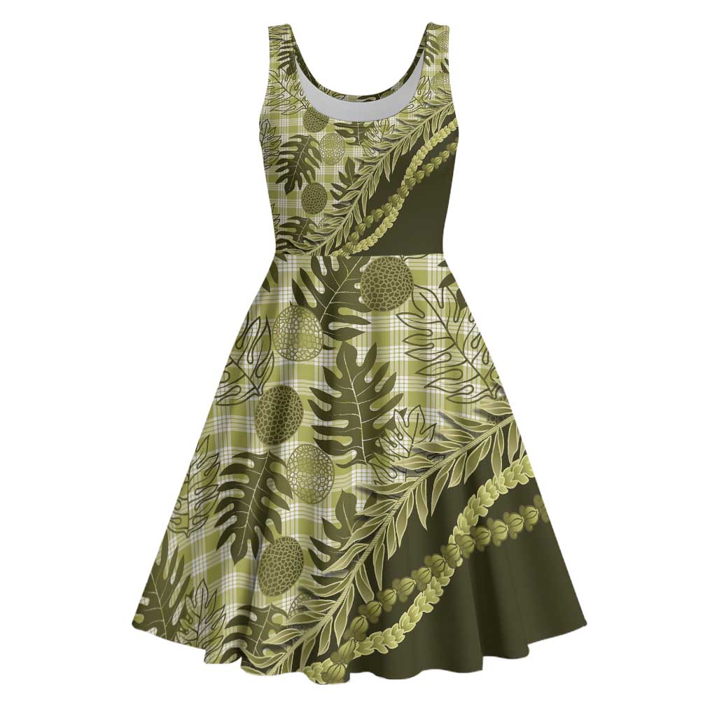 Hawaii Breadfruit Palaka Midi Dress Omaomao Maile Lei - Polynesian Pride