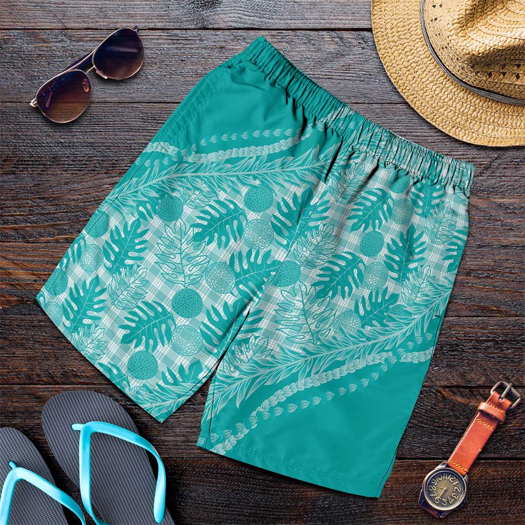 Hawaii Breadfruit Palaka Shorts for Men Polu Opal Maile Lei LT9 Turquoise - Polynesian Pride