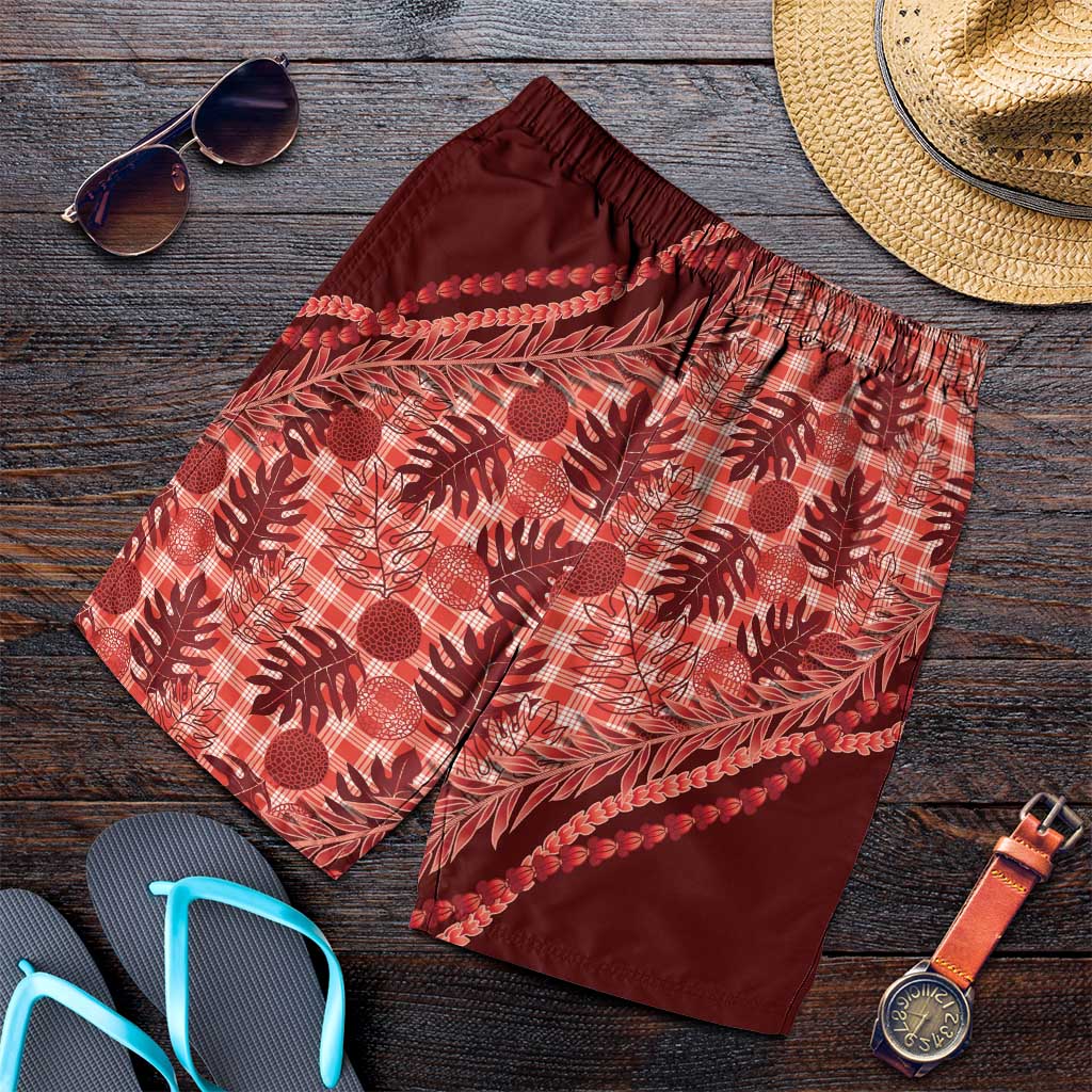 Hawaii Breadfruit Palaka Shorts for Men Ulaula Maile Lei LT9 Red - Polynesian Pride