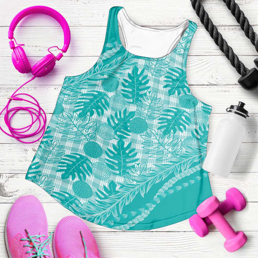 Hawaii Breadfruit Palaka Women Racerback Tank Polu Opal Maile Lei LT9 Turquoise - Polynesian Pride