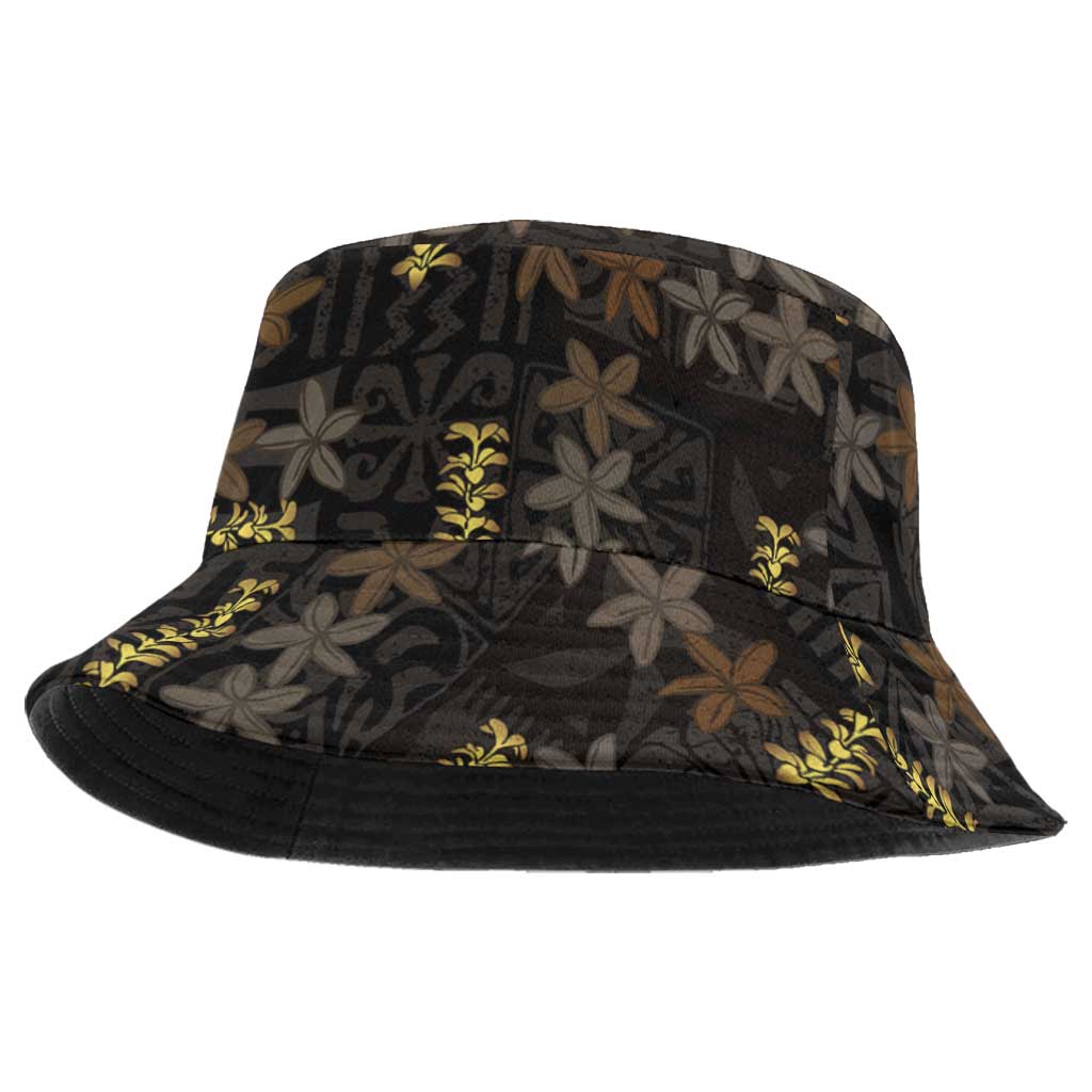 Hawaii Brown Plumeria Lei Black Bucket Hat Frangipani Floral Heritage Art LT01 One Size Black - Polynesian Pride