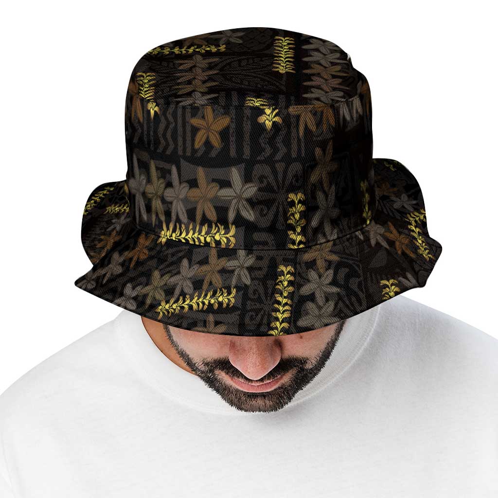 Hawaii Brown Plumeria Lei Black Bucket Hat Frangipani Floral Heritage Art LT01 - Polynesian Pride