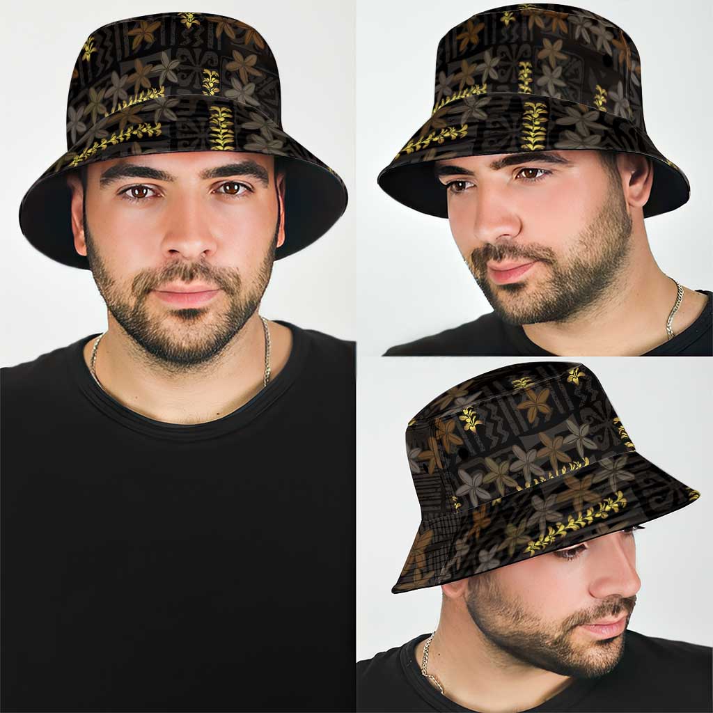 Hawaii Brown Plumeria Lei Black Bucket Hat Frangipani Floral Heritage Art LT01 - Polynesian Pride