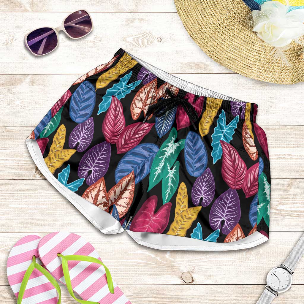 Hawaii Colorful Tropical Leaves Shorts for Women LT01 Black - Polynesian Pride