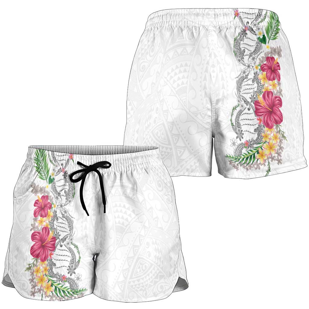Hawaii DNA Kakau Tattoo Shorts for Women with Plumeria and Hibiscus Tropical Plants White Color LT03 - Polynesian Pride