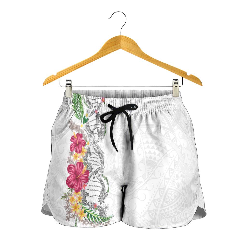 Hawaii DNA Kakau Tattoo Shorts for Women with Plumeria and Hibiscus Tropical Plants White Color LT03 - Polynesian Pride