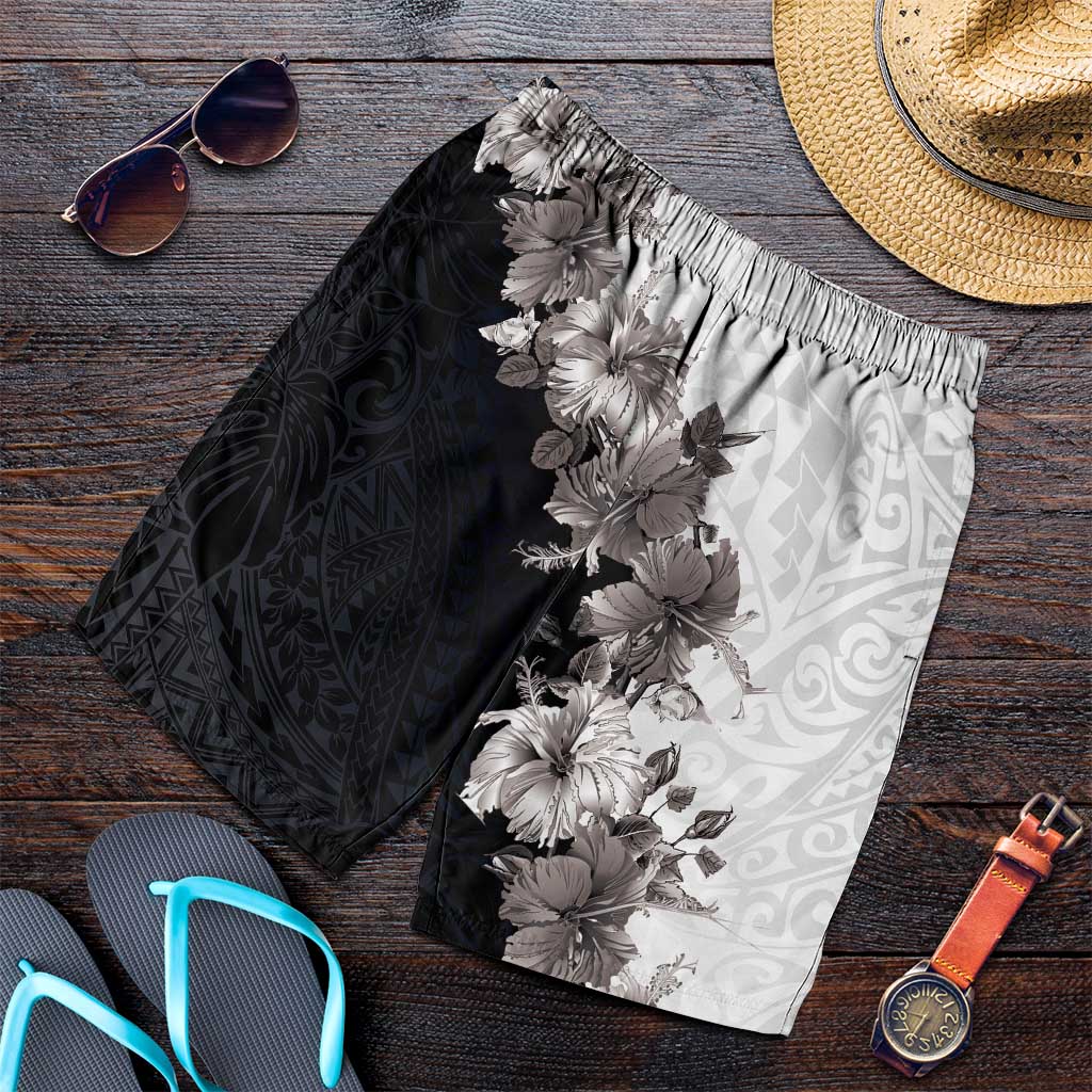 Hawaii Grayscale Hibiscus Flowers Shorts for Men Polynesian Pattern Half Black White Version LT03 Black - Polynesian Pride