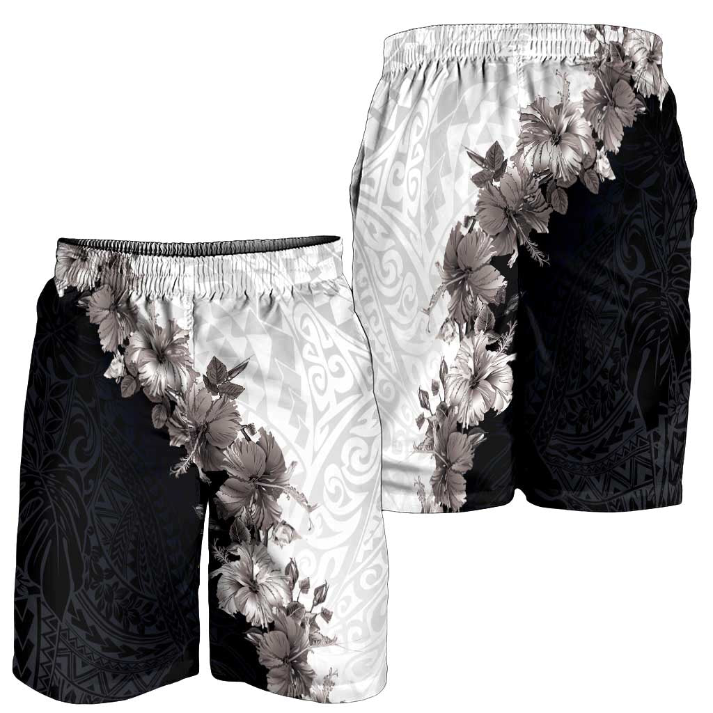 Hawaii Grayscale Hibiscus Flowers Shorts for Men Polynesian Pattern Half Black White Version LT03 - Polynesian Pride