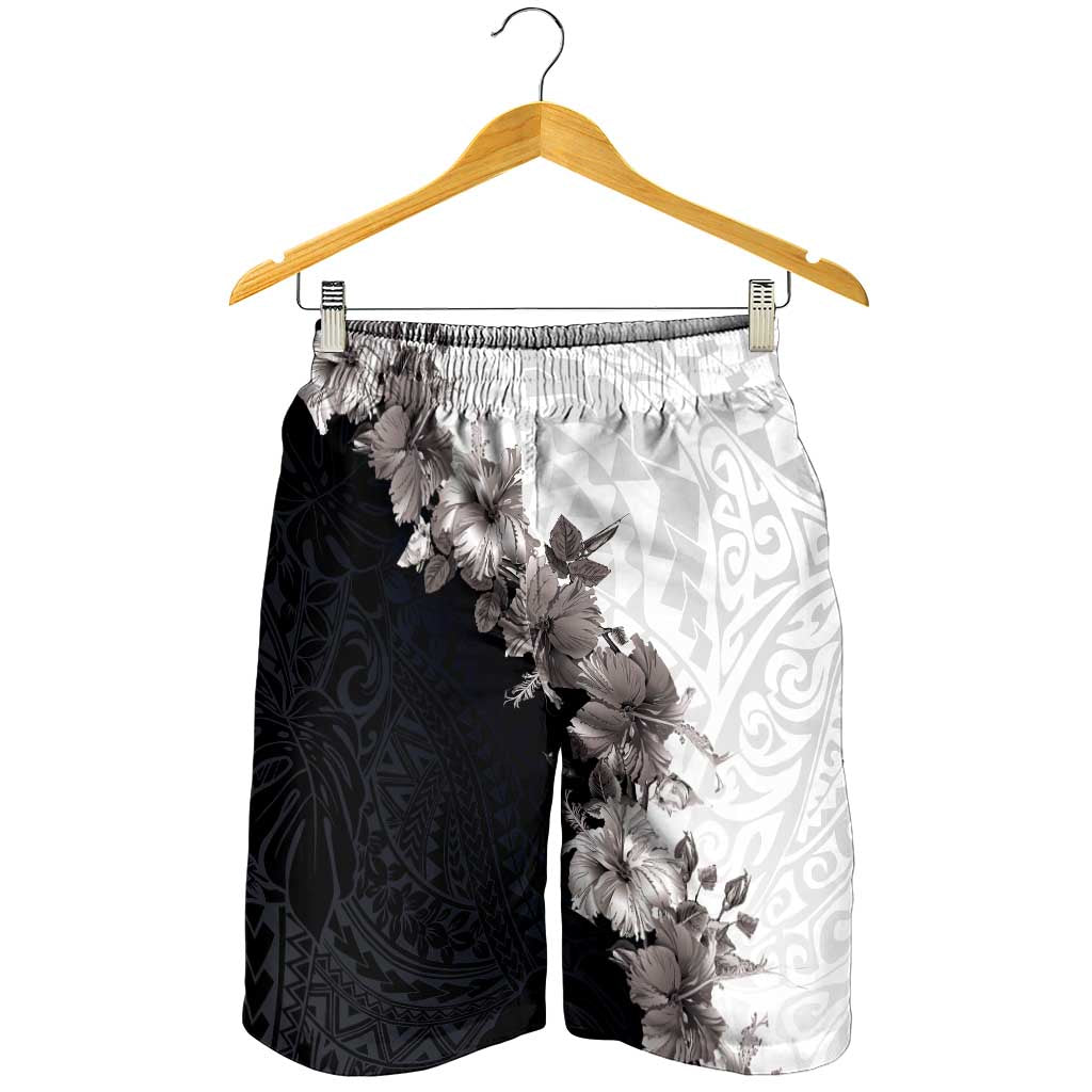 Hawaii Grayscale Hibiscus Flowers Shorts for Men Polynesian Pattern Half Black White Version LT03 - Polynesian Pride