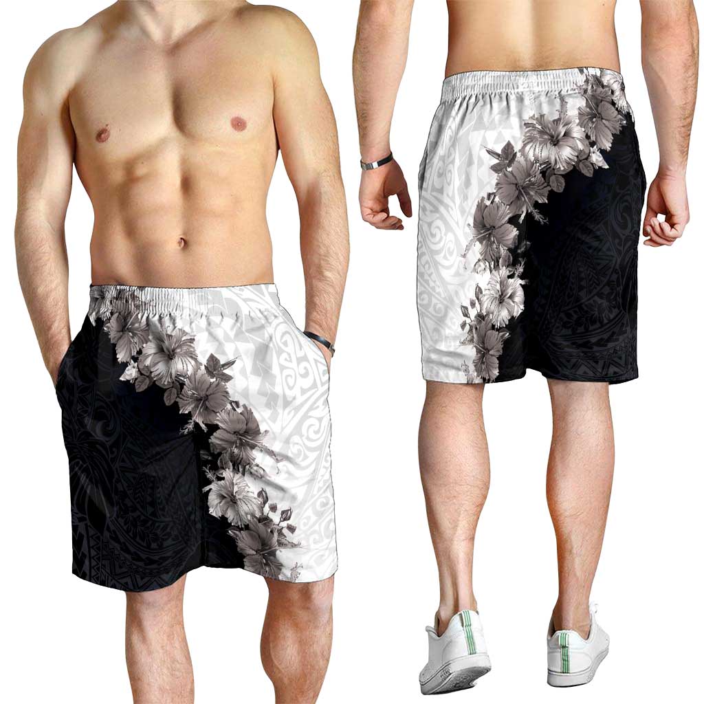 Hawaii Grayscale Hibiscus Flowers Shorts for Men Polynesian Pattern Half Black White Version LT03 - Polynesian Pride