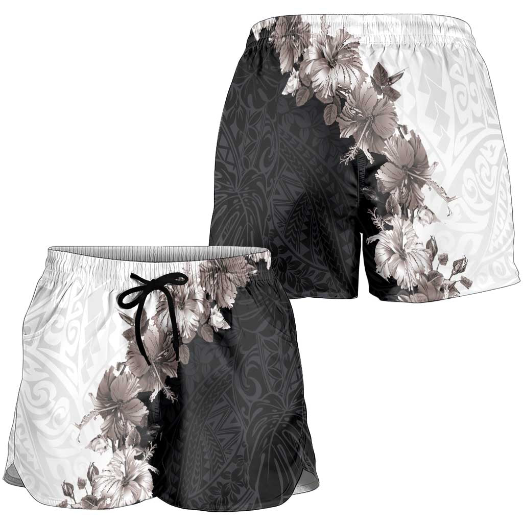 Hawaii Grayscale Hibiscus Flowers Shorts for Women Polynesian Pattern Half Black White Version LT03 - Polynesian Pride