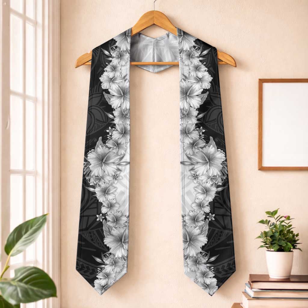 Hawaii Hibiscus Flowers Graduation Stole Grayscale Polynesian Pattern LT05 One Size Black - Polynesian Pride