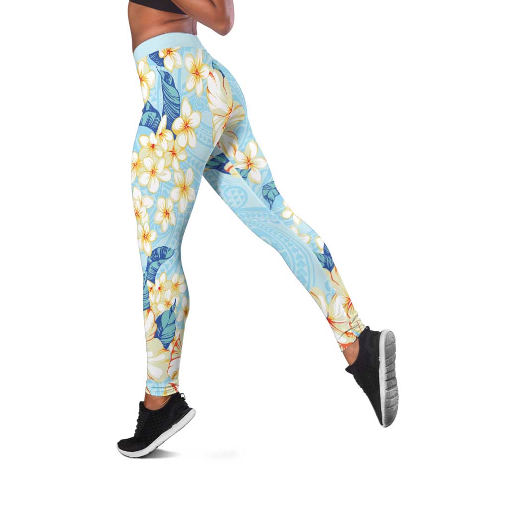 Hawaii Hibiscus Plumeria Blue Leggings Polynesian Pattern
