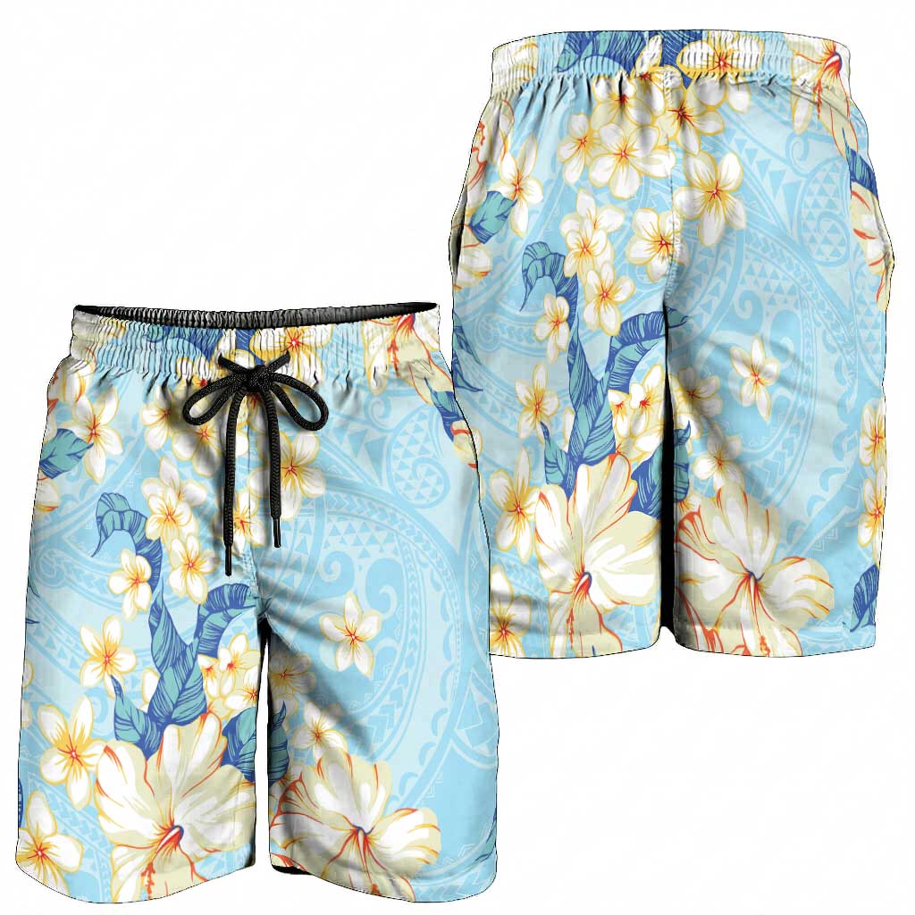 Hawaii Hibiscus Plumeria Blue Shorts for Men Polynesian Pattern LT01 - Polynesian Pride