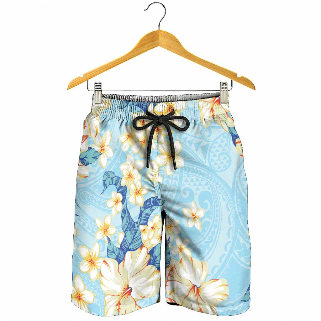 Hawaii Hibiscus Plumeria Blue Shorts for Men Polynesian Pattern LT01 - Polynesian Pride