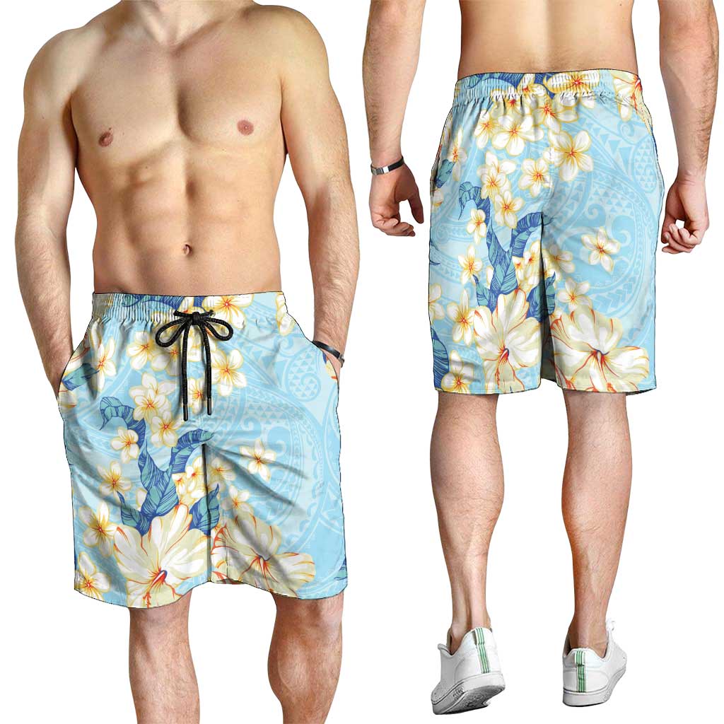 Hawaii Hibiscus Plumeria Blue Shorts for Men Polynesian Pattern LT01 - Polynesian Pride