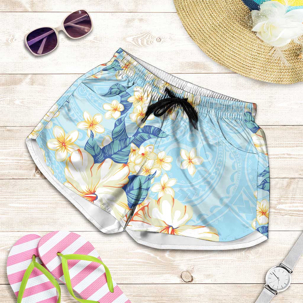 Hawaii Hibiscus Plumeria Blue Shorts for Women Polynesian Pattern