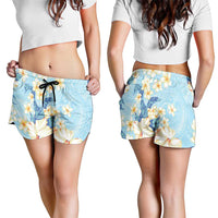 Hawaii Hibiscus Plumeria Blue Shorts for Women Polynesian Pattern
