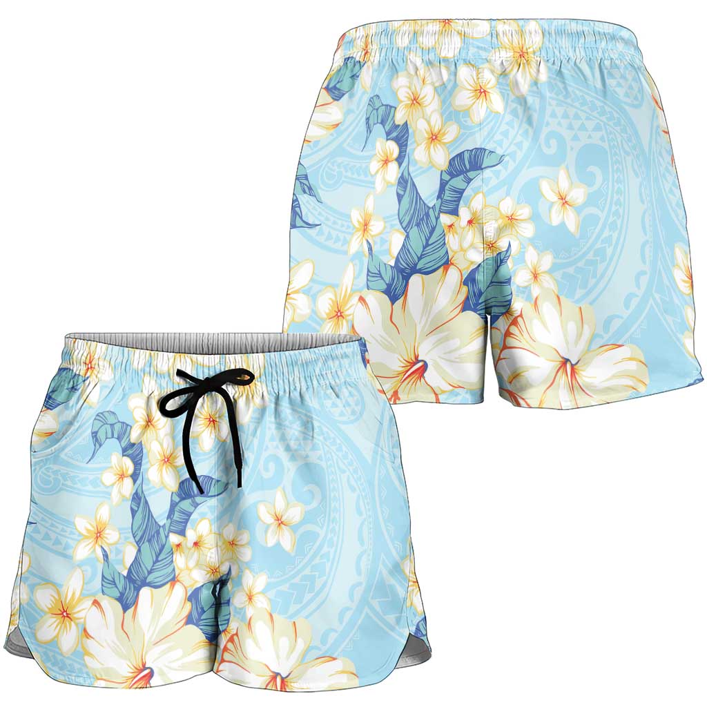 Hawaii Hibiscus Plumeria Blue Shorts for Women Polynesian Pattern