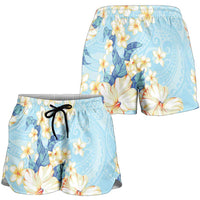 Hawaii Hibiscus Plumeria Blue Shorts for Women Polynesian Pattern