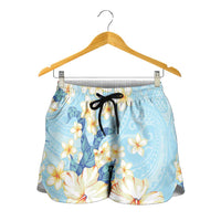 Hawaii Hibiscus Plumeria Blue Shorts for Women Polynesian Pattern