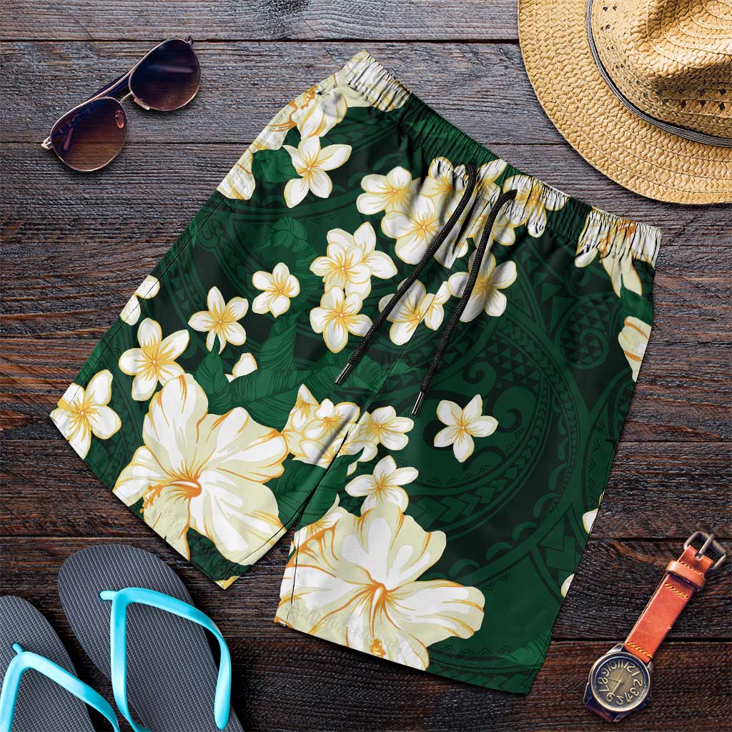 Hawaii Hibiscus Plumeria Green Shorts for Men Polynesian Pattern LT01 Green - Polynesian Pride