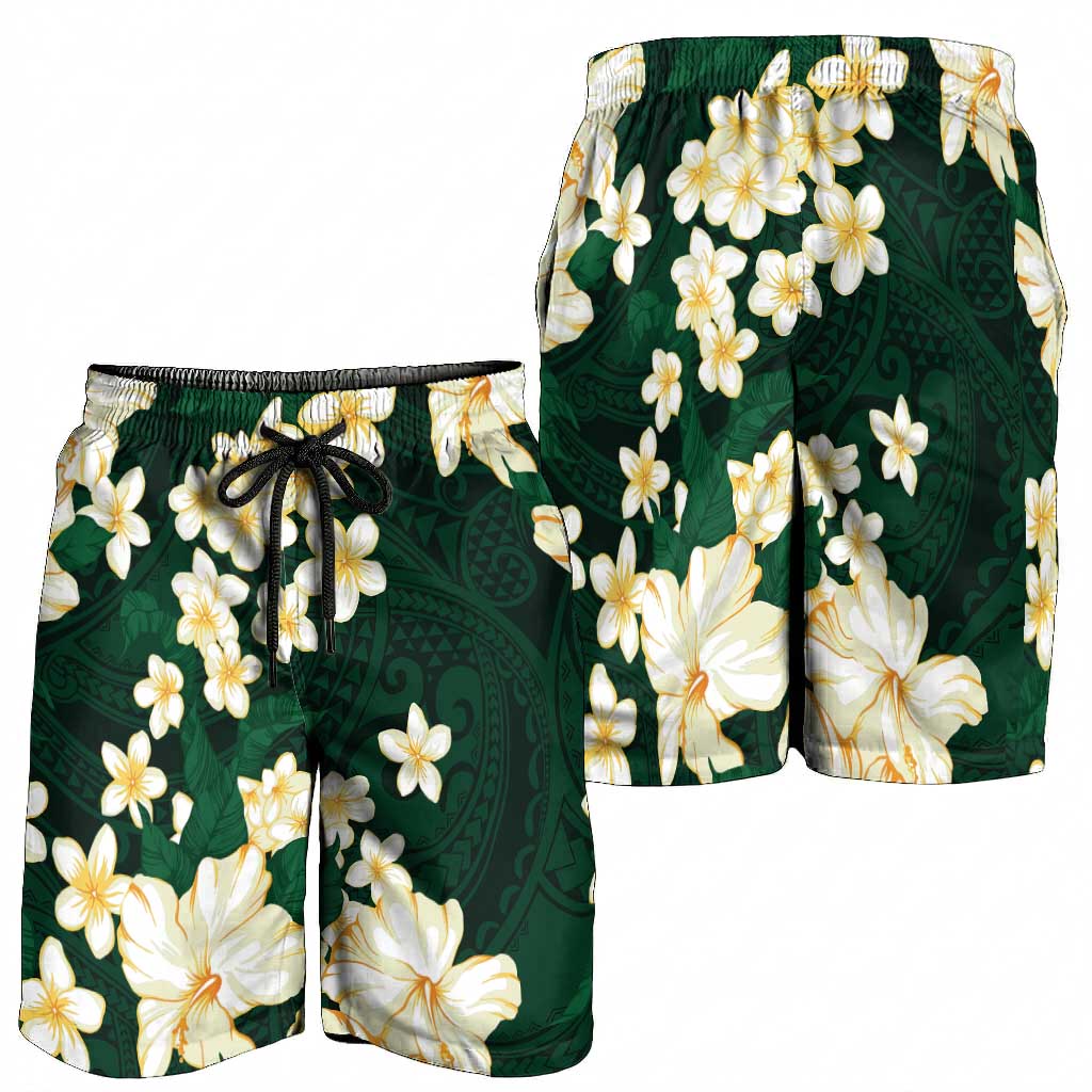 Hawaii Hibiscus Plumeria Green Shorts for Men Polynesian Pattern LT01 - Polynesian Pride