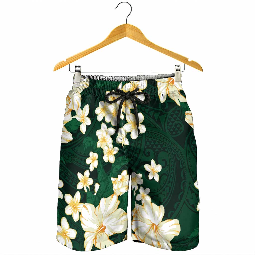 Hawaii Hibiscus Plumeria Green Shorts for Men Polynesian Pattern LT01 - Polynesian Pride