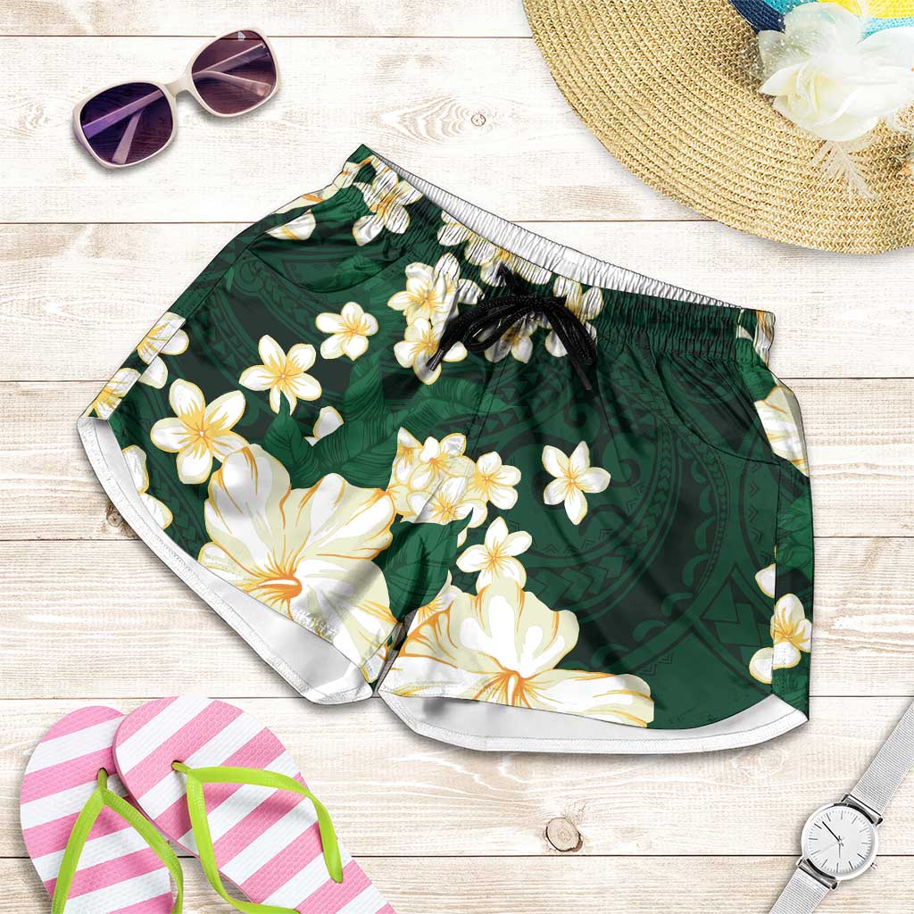 Hawaii Hibiscus Plumeria Green Shorts for Women Polynesian Pattern LT01 Green - Polynesian Pride