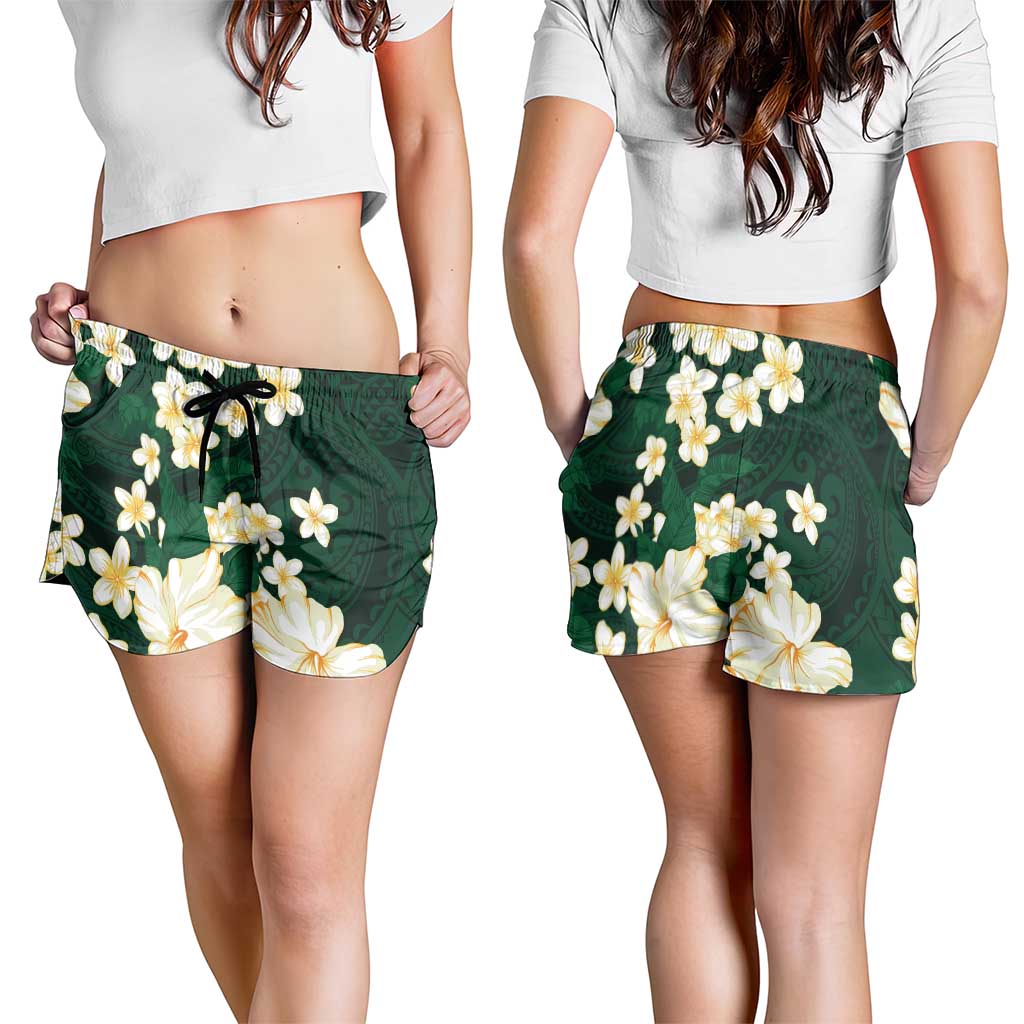 Hawaii Hibiscus Plumeria Green Shorts for Women Polynesian Pattern LT01 - Polynesian Pride