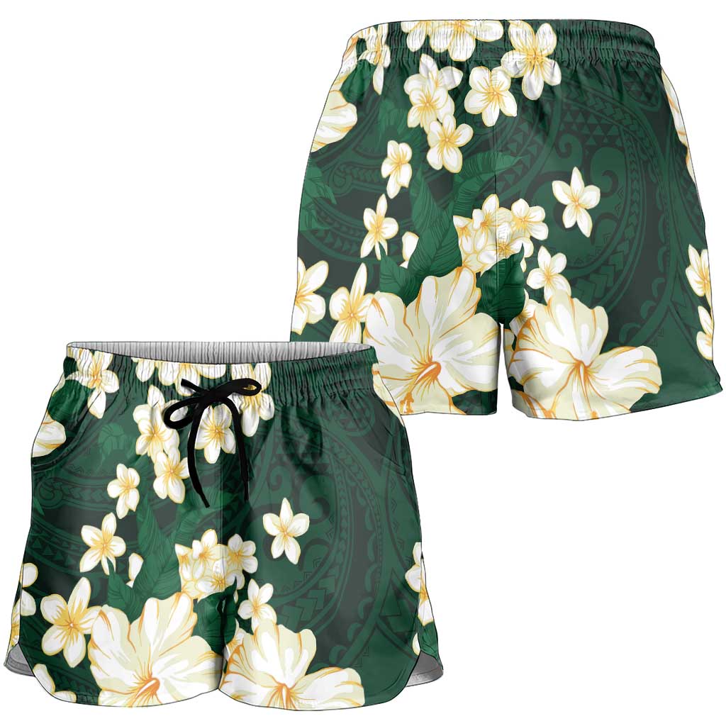 Hawaii Hibiscus Plumeria Green Shorts for Women Polynesian Pattern LT01 - Polynesian Pride