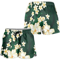 Hawaii Hibiscus Plumeria Green Shorts for Women Polynesian Pattern LT01 - Polynesian Pride
