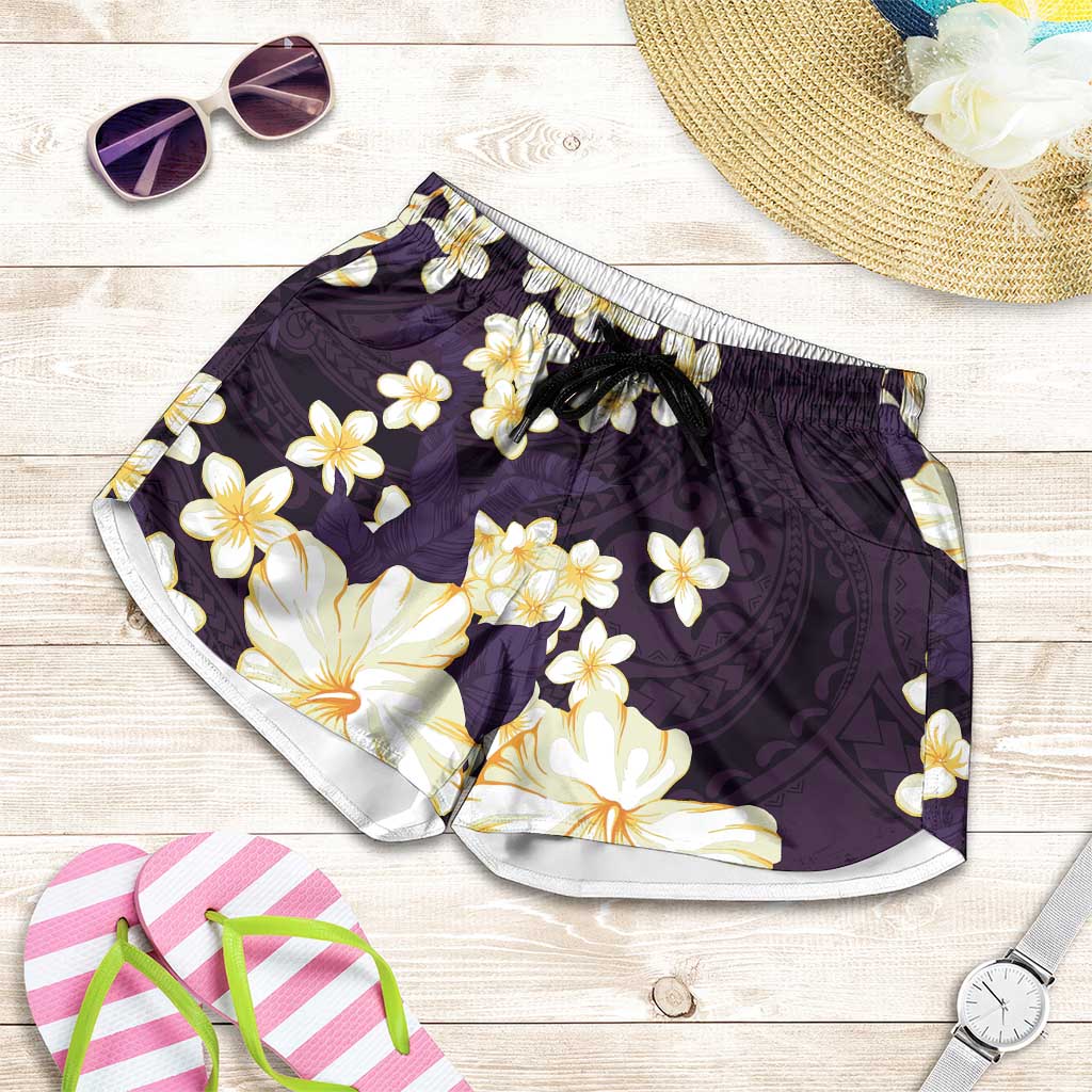 Hawaii Hibiscus Plumeria Purple Shorts for Women Polynesian Pattern LT01 Purple - Polynesian Pride