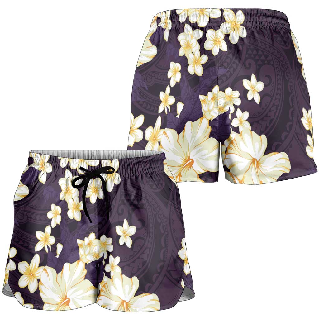 Hawaii Hibiscus Plumeria Purple Shorts for Women Polynesian Pattern LT01 - Polynesian Pride