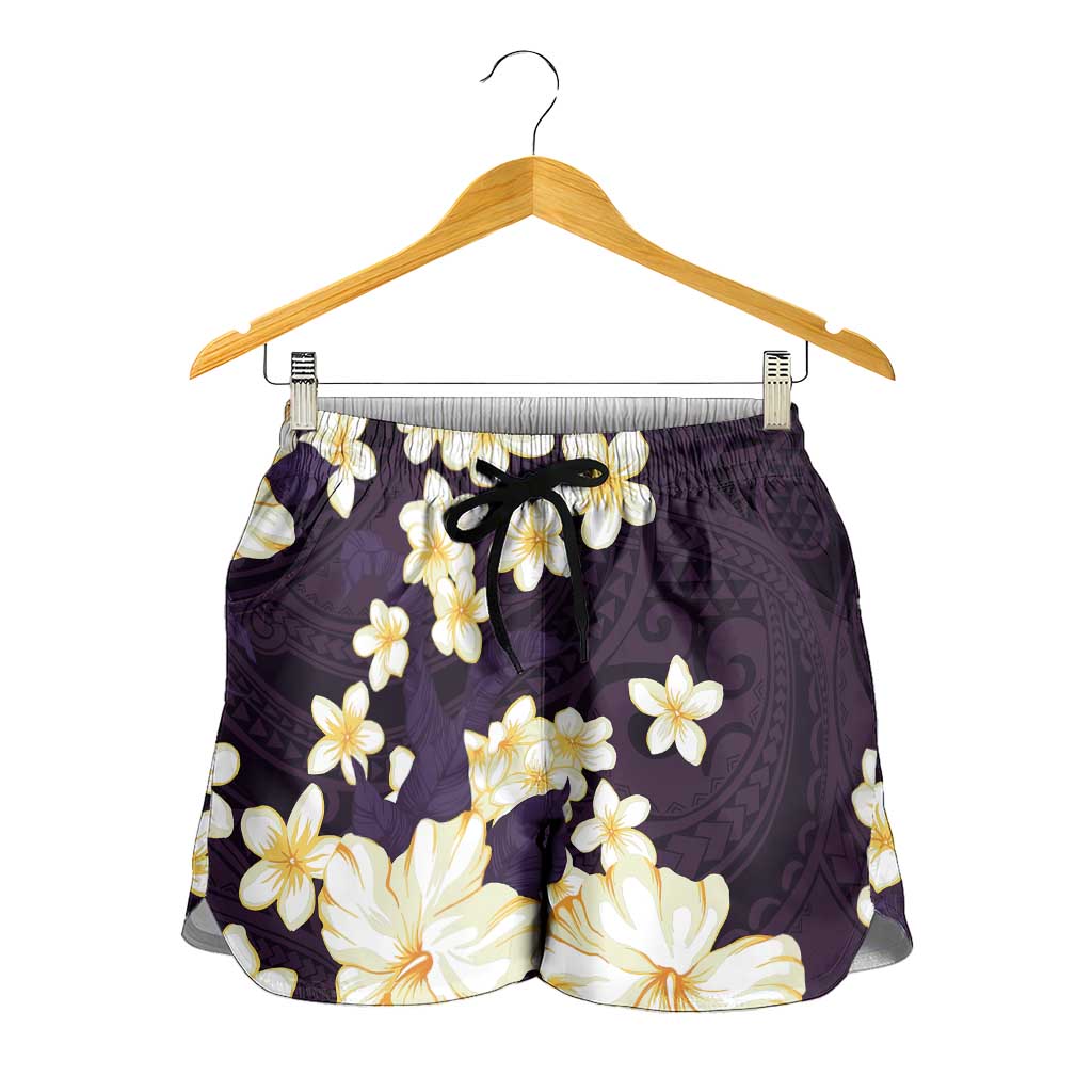 Hawaii Hibiscus Plumeria Purple Shorts for Women Polynesian Pattern LT01 - Polynesian Pride