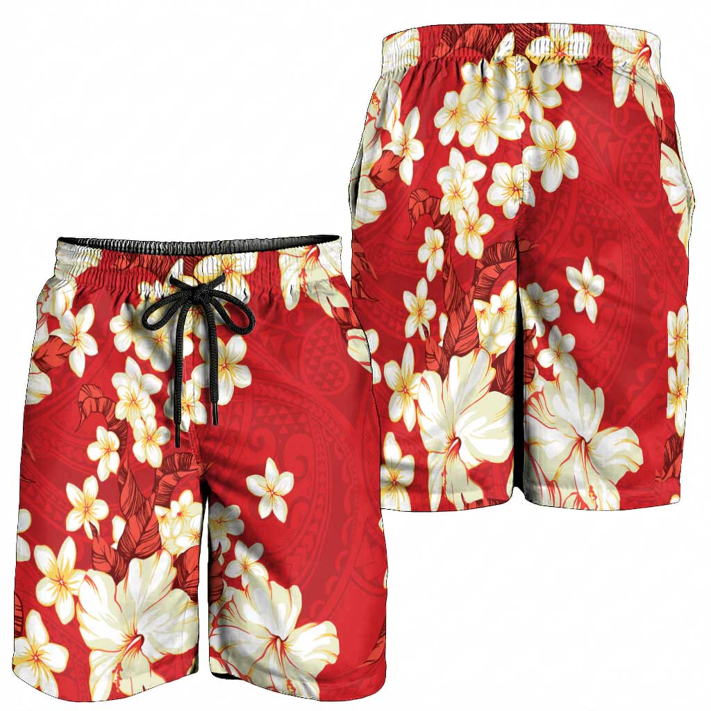 Hawaii Hibiscus Plumeria Red Shorts for Men Polynesian Pattern LT01 - Polynesian Pride